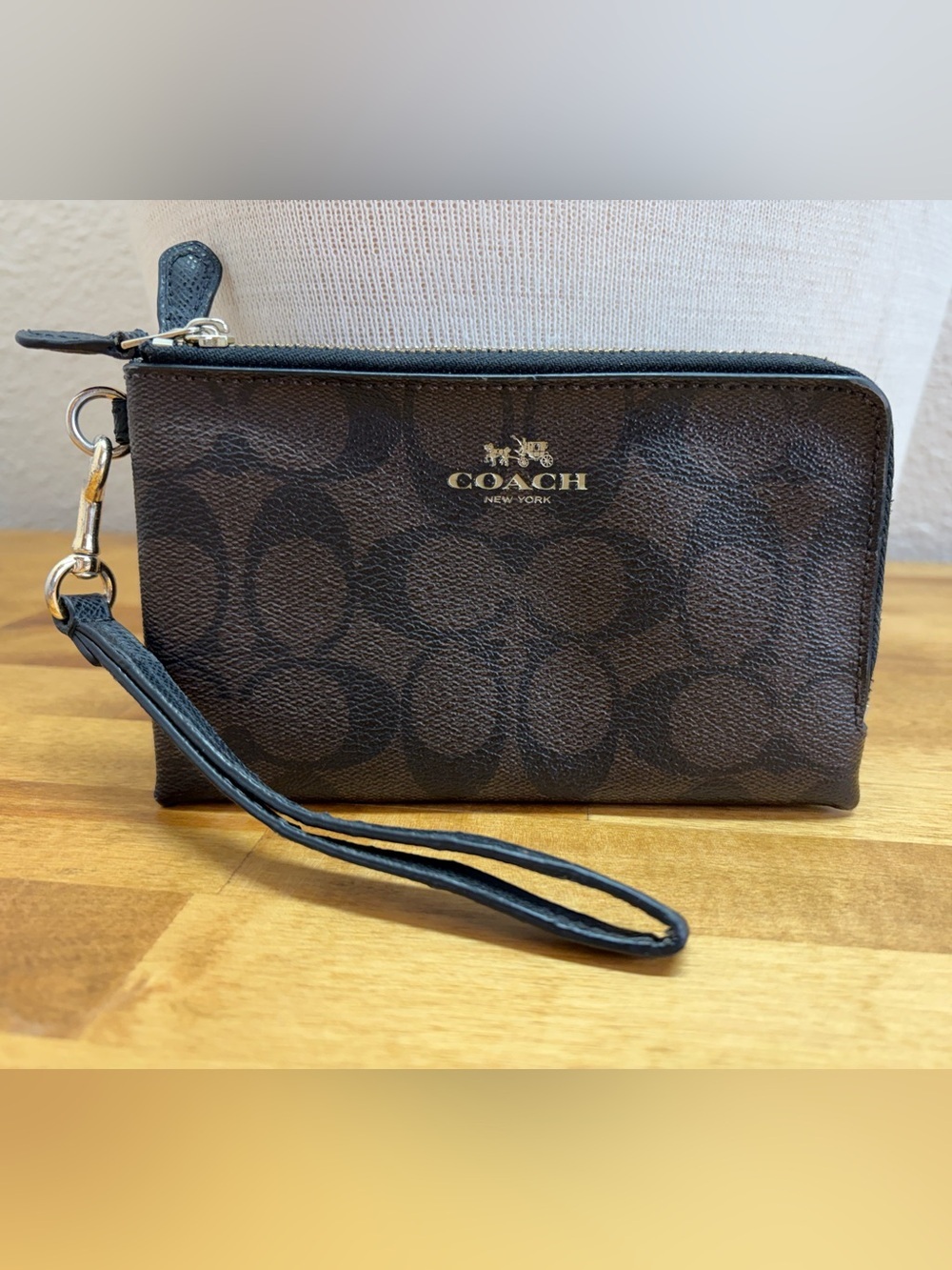 Coach Signature C Brown Canvas Double Zip Wristlet Wallet Clutch Purse - Picture 2 of 8